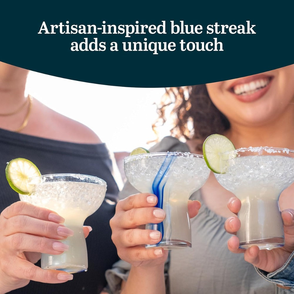 Libbey Blue Ribbon Stemless Margarita Glasses Set of 6 | Artisan-Inspired Mexican Style Margarita Glasses | Handcrafted Blue Ribbon Cocktail Glasses for Margaritas