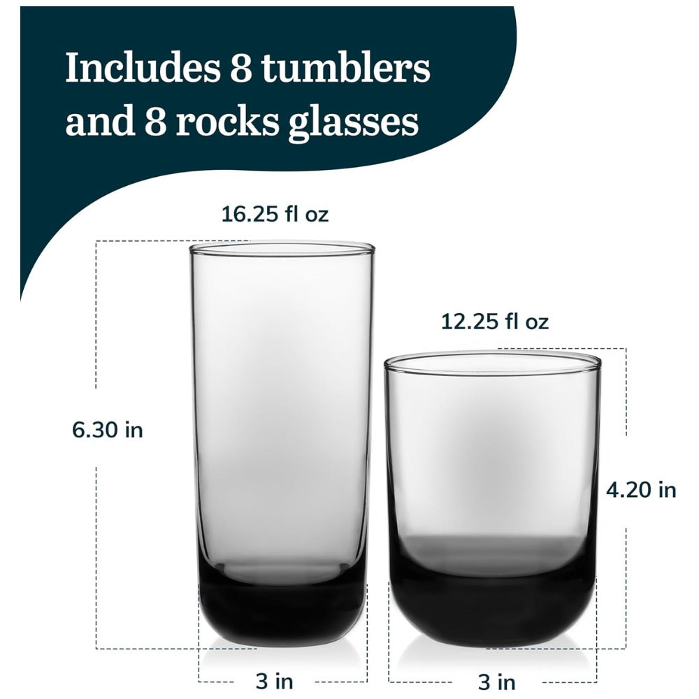 Libbey Polaris Tumbler and Rocks Glass Set of 16 | Smoke Hue Drinking Glasses with Straight-Line Design | Lead-Free Highball & Old Fashioned Glasses for Water