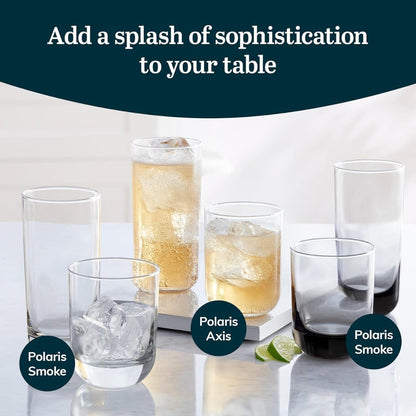 Libbey Polaris Tumbler and Rocks Glass Set of 16 | Smoke Hue Drinking Glasses with Straight-Line Design | Lead-Free Highball & Old Fashioned Glasses for Water