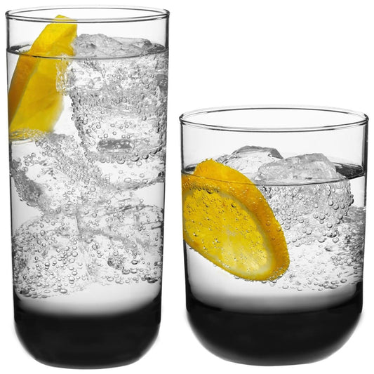 Libbey Polaris Tumbler and Rocks Glass Set of 16 | Smoke Hue Drinking Glasses with Straight-Line Design | Lead-Free Highball & Old Fashioned Glasses for Water
