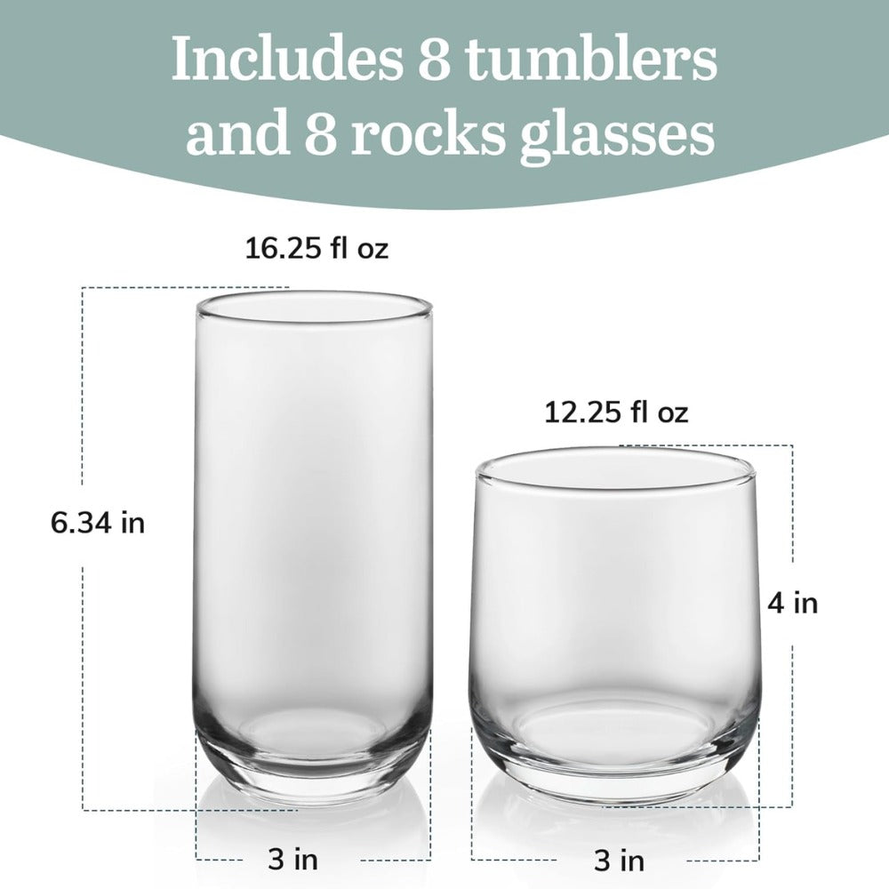 Libbey Ascent Tumbler & Rocks Drinking Glasses Set of 16 | Clear Lead-Free Glass Drinkware Set with 8 Tall Tumblers (16.25 oz) & 8 Rocks Glasses (12.25 oz) | Water, Juice, Cocktails, Whiskey, Everyday Beverage Glasses