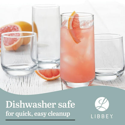 Libbey Ascent Tumbler & Rocks Drinking Glasses Set of 16 | Clear Lead-Free Glass Drinkware Set with 8 Tall Tumblers (16.25 oz) & 8 Rocks Glasses (12.25 oz) | Water, Juice, Cocktails, Whiskey, Everyday Beverage Glasses