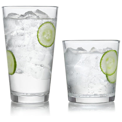 Libbey Preston Tumbler & Rocks Drinking Glasses Set of 16 | Clear All-Purpose Glassware Set with 8 Tall Tumblers (16 oz) & 8 Rocks Glasses (13 oz) | Wide-Rim Lead-Free Drinkware for Water, Juice, Cocktails & More