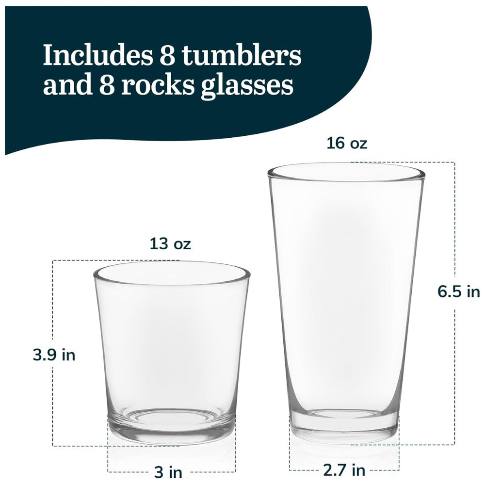 Libbey Preston Tumbler & Rocks Drinking Glasses Set of 16 | Clear All-Purpose Glassware Set with 8 Tall Tumblers (16 oz) & 8 Rocks Glasses (13 oz) | Wide-Rim Lead-Free Drinkware for Water, Juice, Cocktails & More