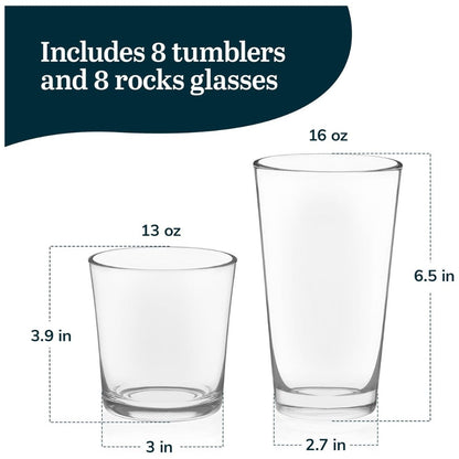 Libbey Preston Tumbler & Rocks Drinking Glasses Set of 16 | Clear All-Purpose Glassware Set with 8 Tall Tumblers (16 oz) & 8 Rocks Glasses (13 oz) | Wide-Rim Lead-Free Drinkware for Water, Juice, Cocktails & More