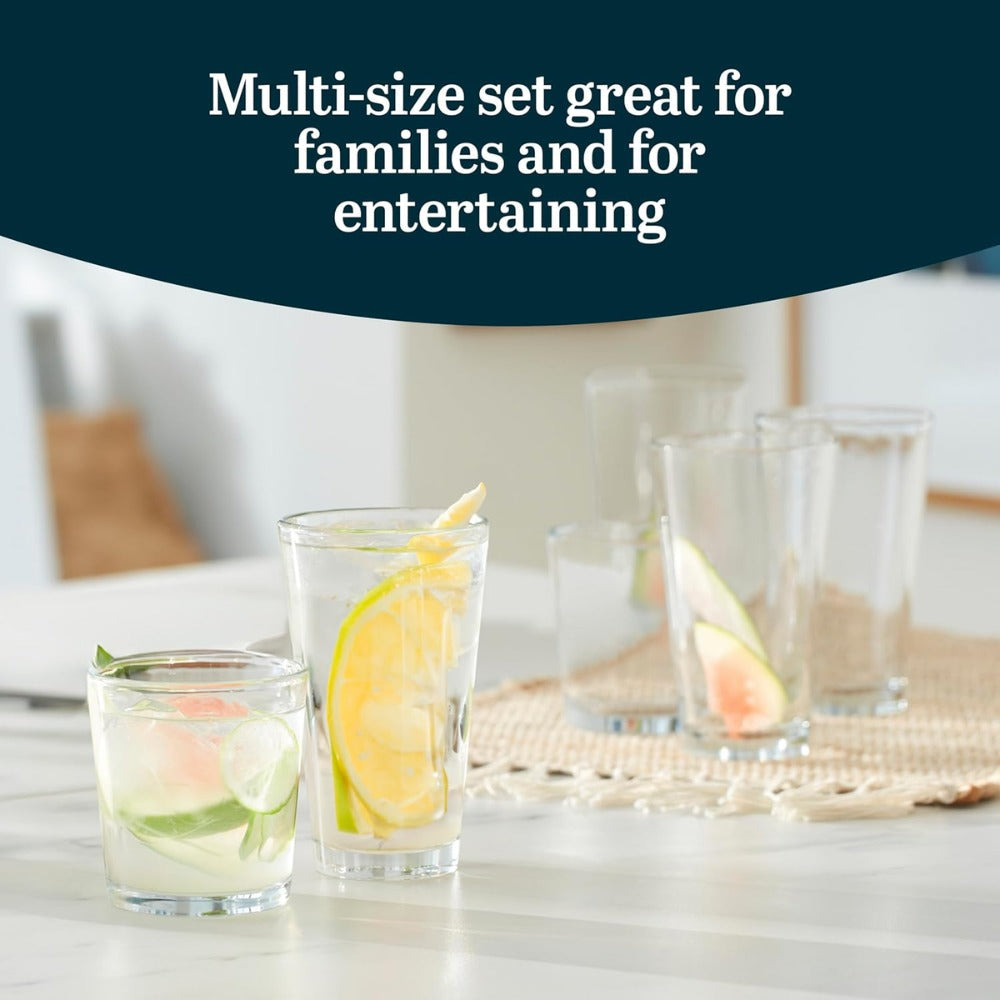 Libbey Preston Tumbler & Rocks Drinking Glasses Set of 16 | Clear All-Purpose Glassware Set with 8 Tall Tumblers (16 oz) & 8 Rocks Glasses (13 oz) | Wide-Rim Lead-Free Drinkware for Water, Juice, Cocktails & More