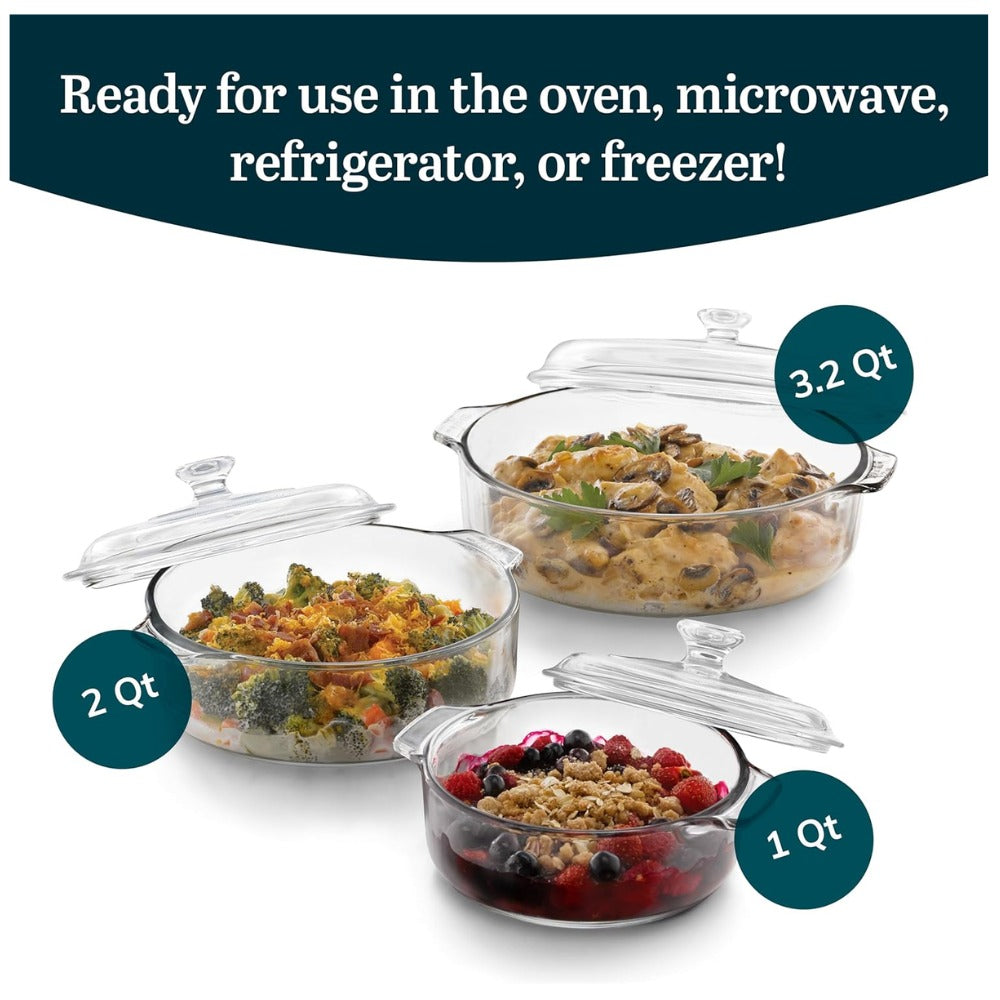 Libbey Baker's Basics Glass Casserole Dish Set with Covers, 3-Piece Bakeware Set | Oven Safe Clear Glass Baking Dishes with Glass Lids | Covered Casserole Dishes for Baking, Serving, Storing & Reheating