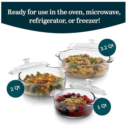 Libbey Baker's Basics Glass Casserole Dish Set with Covers, 3-Piece Bakeware Set | Oven Safe Clear Glass Baking Dishes with Glass Lids | Covered Casserole Dishes for Baking, Serving, Storing & Reheating