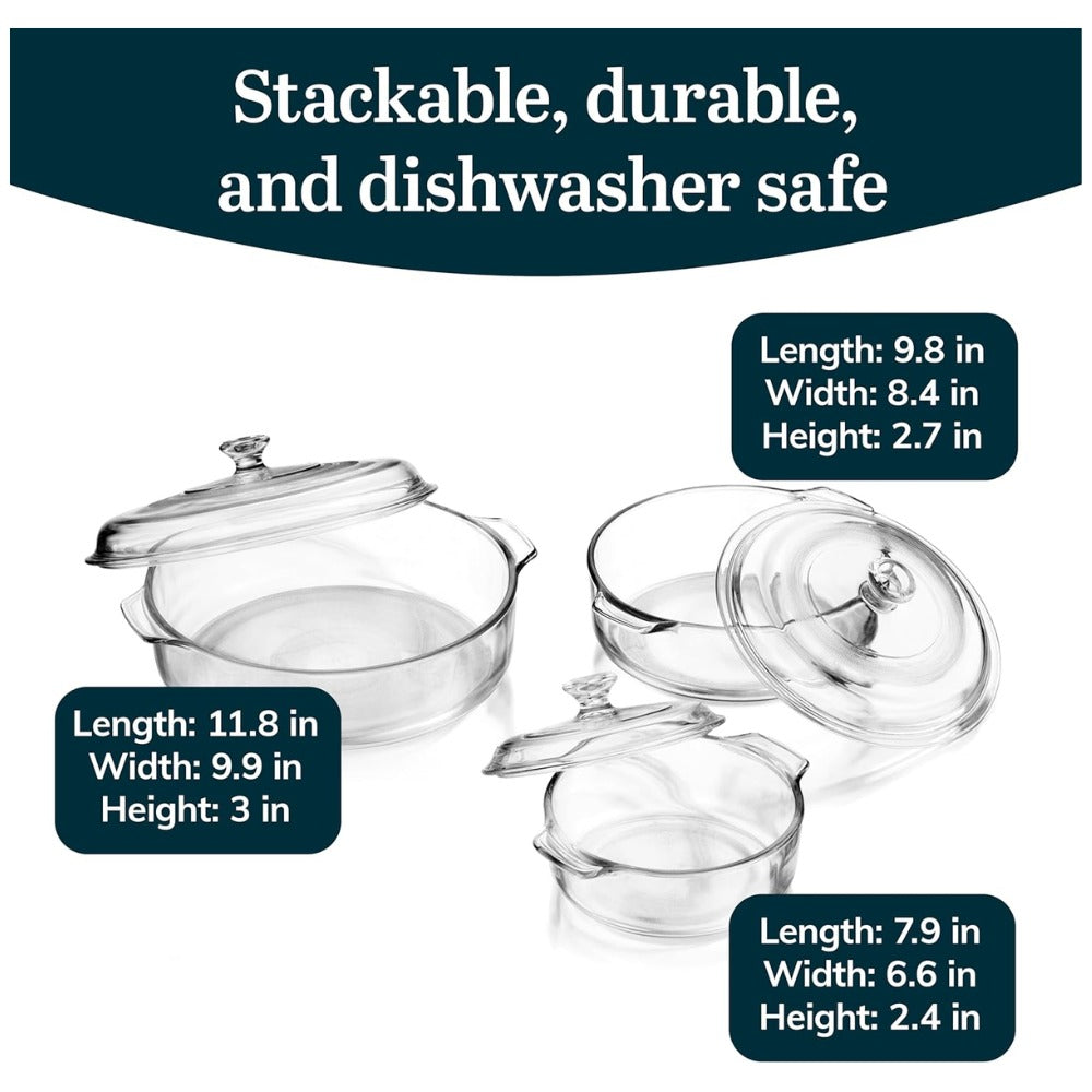 Libbey Baker's Basics Glass Casserole Dish Set with Covers, 3-Piece Bakeware Set | Oven Safe Clear Glass Baking Dishes with Glass Lids | Covered Casserole Dishes for Baking, Serving, Storing & Reheating