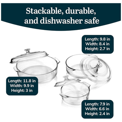 Libbey Baker's Basics Glass Casserole Dish Set with Covers, 3-Piece Bakeware Set | Oven Safe Clear Glass Baking Dishes with Glass Lids | Covered Casserole Dishes for Baking, Serving, Storing & Reheating