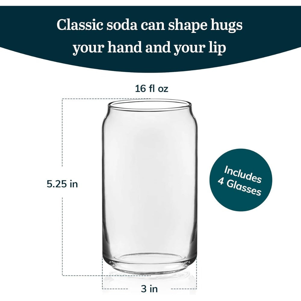 Libbey Classic Can Shaped Drinking Glasses Set of 4, 16 oz Clear Glass Tumblers | Beer Can Style Glass Cups for Iced Coffee, Beer, Soda, Cocktails, Smoothies & Everyday Beverages | Dishwasher Safe