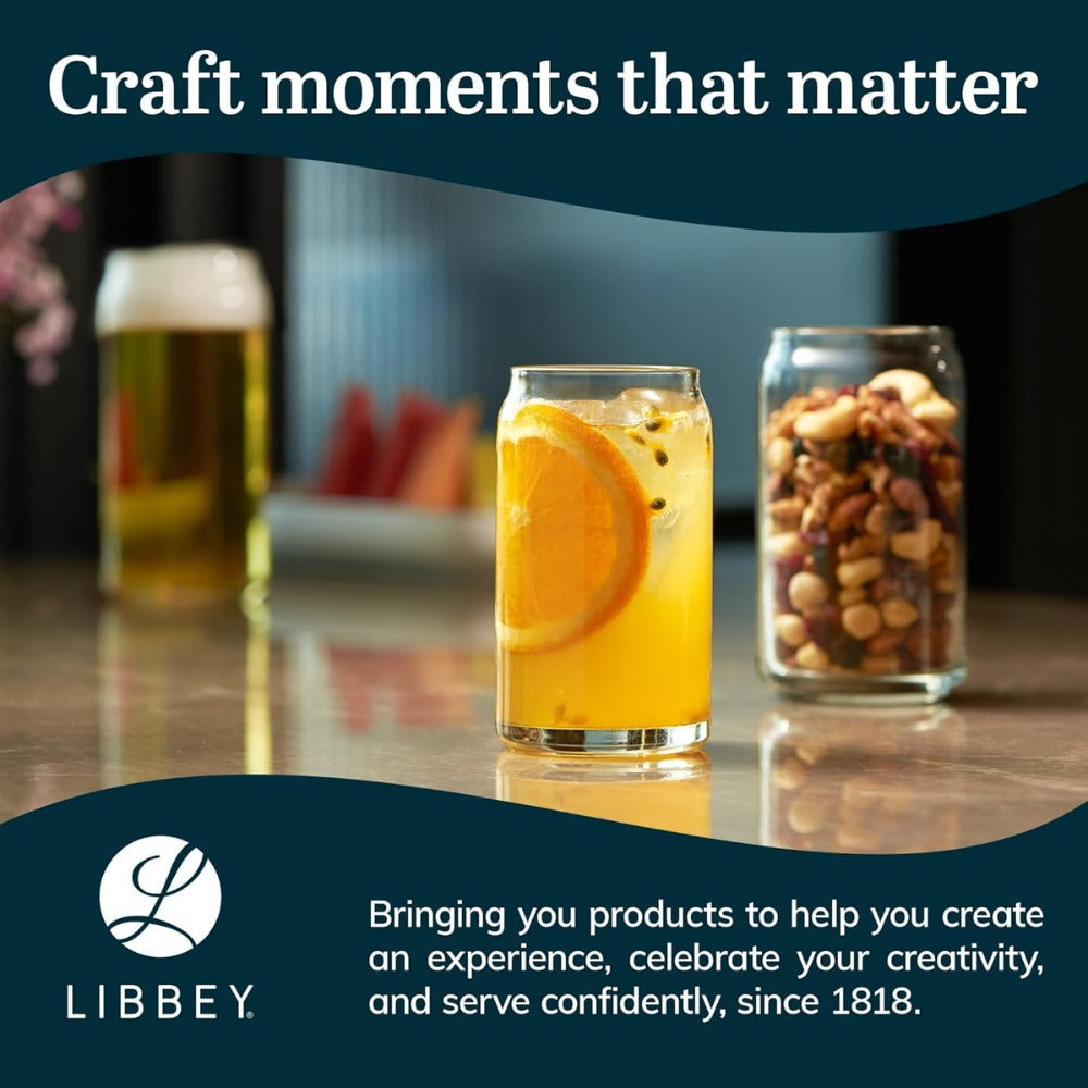 Libbey Classic Can Shaped Drinking Glasses Set of 4, 16 oz Clear Glass Tumblers | Beer Can Style Glass Cups for Iced Coffee, Beer, Soda, Cocktails, Smoothies & Everyday Beverages | Dishwasher Safe