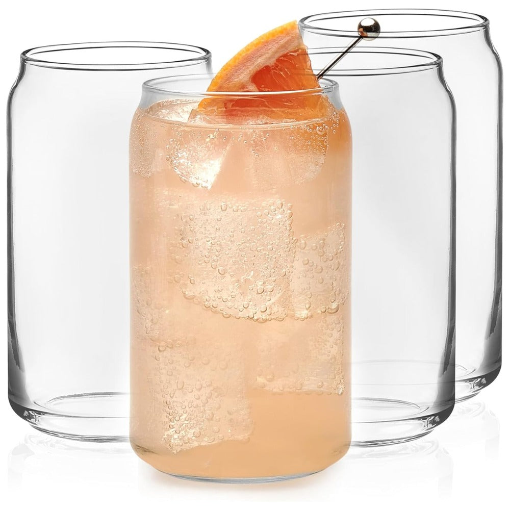 Libbey Classic Can Shaped Drinking Glasses Set of 4, 16 oz Clear Glass Tumblers | Beer Can Style Glass Cups for Iced Coffee, Beer, Soda, Cocktails, Smoothies & Everyday Beverages | Dishwasher Safe