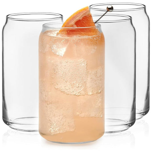 Libbey Classic Can Shaped Drinking Glasses Set of 4, 16 oz Clear Glass Tumblers | Beer Can Style Glass Cups for Iced Coffee, Beer, Soda, Cocktails, Smoothies & Everyday Beverages | Dishwasher Safe